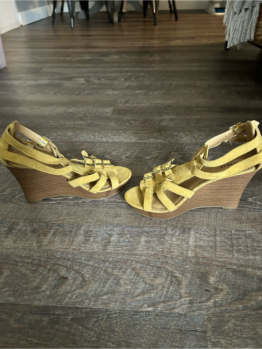 Express Mustard Yellow Faux Suede Espadrille Wedge Sandals - EUC - 7